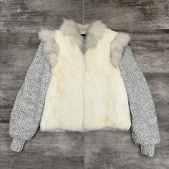 Vintage Niki Natural Rabbit Fur Jacket Chunky Knit Sleeves Women’s M Medium READ